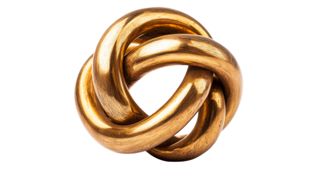 Interlocking torus shapes, golden metallic finish, cut out transparent