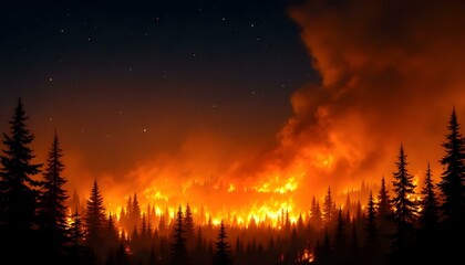 Forest fire, night sky, silhouette of pine trees