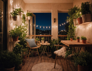 A cozy apartment balcony filled with plants and string lights