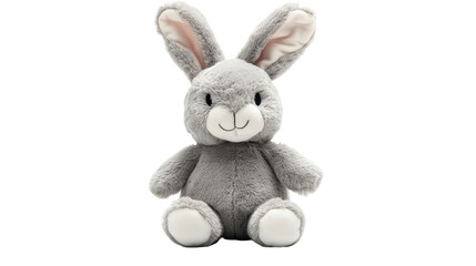Gray plush toy rabbit sitting upright, cut out transparent
