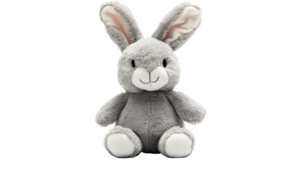 Gray plush toy rabbit sitting upright, cut out transparent