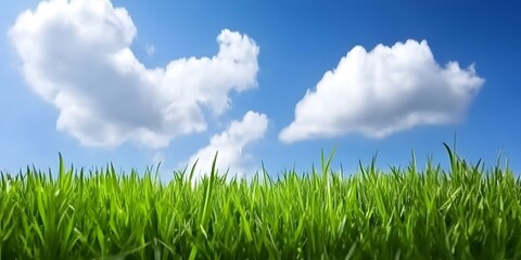 Vibrant Green Grass Meadow Under Blue Sky with Fluffy Clouds