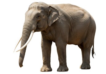 Obraz premium A full body shot of an asian elephant standing on a white background with its tusks visible clearly