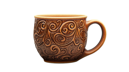 Ornamental brown ceramic mug with spiral design, cut out transparent