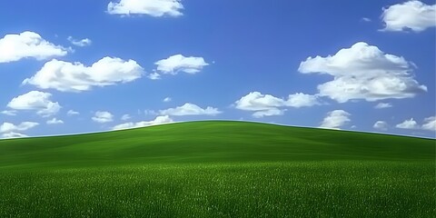 Fototapeta premium Serene Green Hill Landscape with Blue Sky and Fluffy Clouds