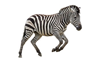 Fototapeta premium A zebra with black and white stripes running on a white background in a studio environment view