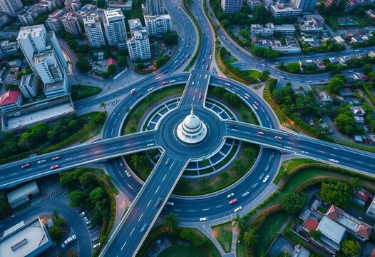 Aerial view of a Thai city roundabout, expressway, and car lots; beautiful cityscape background, overhead, travel