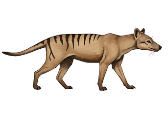 Fototapeta premium Illustration of a thylacine walking with its striped back on a white background in side view