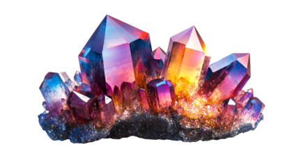 Vibrant gemstone cluster, iridescent hues, dramatic lighting, cut out transparent