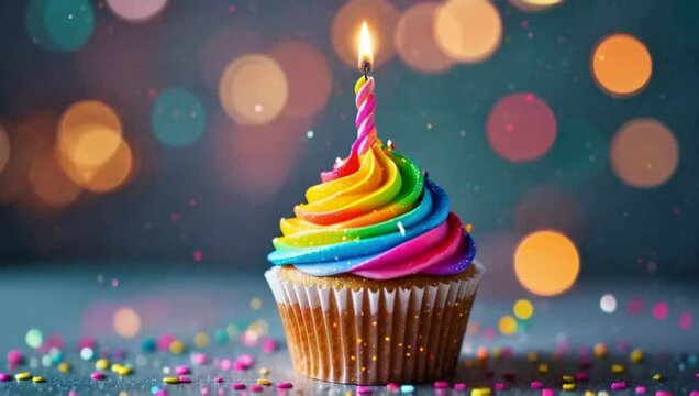 Rainbow frosting cupcake with burning candle. Dessert treat with colorful sprinkles for birthday party celebration. Gay pride month concept with blurred background.