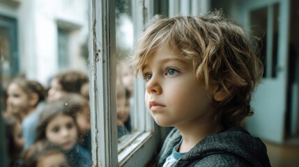 Fototapeta premium Pensive Young Boy Looking Out Window at Blurred Children