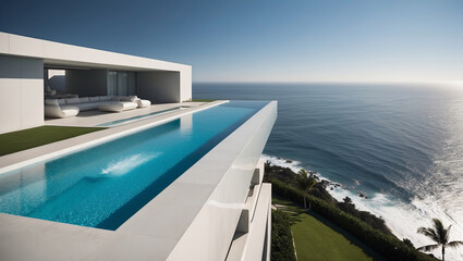 Fototapeta premium Stunning modern luxury villa with infinity pool overlooking the vast, beautiful ocean view.