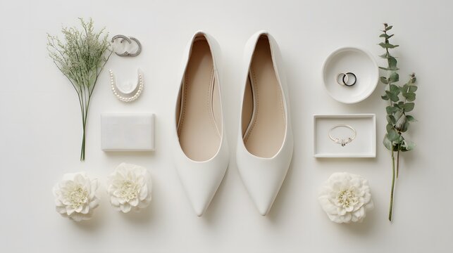 Elegant wedding shoes and accessories arranged neatly, symbolizing timeless bridal sophistication