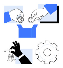 Hands exchanging currencies including bitcoin and dollar, key management, open box, and gear symbol. Ideal for blockchain, fintech, investment, security, crypto trends business growth simple