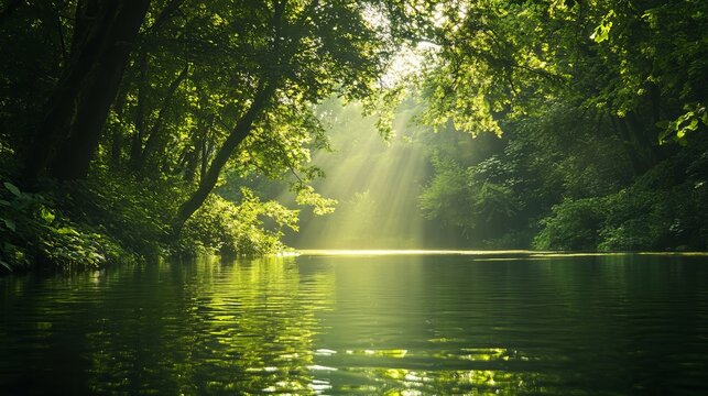 Serene green forest river landscape sunlight peaceful tranquil nature scene summer day lush greenery calm water beautiful scenery idyllic