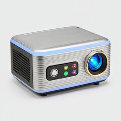 Fototapeta premium Silver Mini Projector with Blue Light and Colorful Buttons on White Background