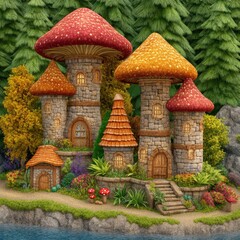 Fototapeta premium Stone Mushroom Houses in Autumnal Forest near Water