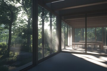 Modern minimalist home with large glass walls showcasing a lush forest Sunlight streams into the interior, highlighting the clean lines of the structure
