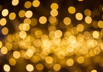 A blurred view of many golden circular lights creating a bokeh effect on a dark background night scene