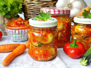 Homemade vegetable relish in jars, featuring zucchini, bell peppers, carrots, and tomatoes.  A vibrant, colorful, and flavorful preserved vegetable spread