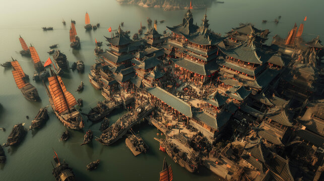 Aerial view of ancient Chinese city, boats and buildings clustered on water