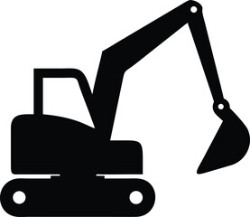 Silhouette depicts a black excavator with lifted bucket against a transparent backdrop