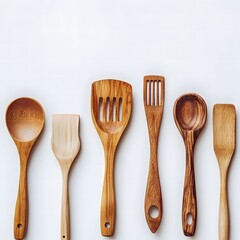 Rustic Wooden Kitchen Utensils on White Background