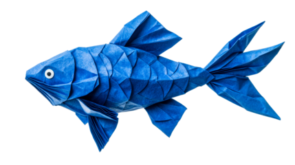 Folded paper figure with fins, blue origami fish, cut out transparent