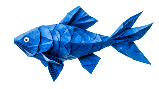Folded paper figure with fins, blue origami fish, cut out transparent