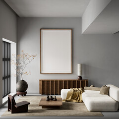 Mock up poster frame in Japandi and Scandinavian-inspired living room. 3D illustration
