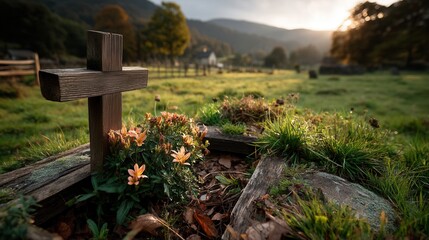 Peaceful wooden cross memorial in rural countryside at sunset