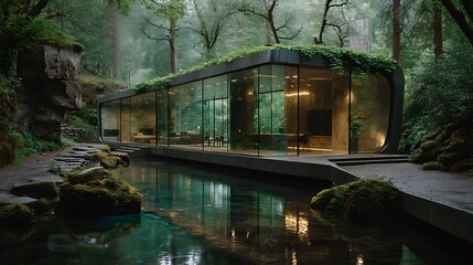 Futuristic home with a glass facade in forest