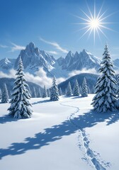 Serene winter landscape featuring snow-covered evergreen trees, majestic mountains, and a sunlit sky creating a picturesque and tranquil scene