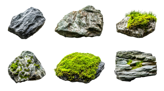 Set of six varied gray rocks with mossy growths, cut out transparent