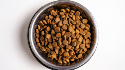 Fototapeta premium Dog food in a metal bowl. Small, round, light brown kibble fills the bowl