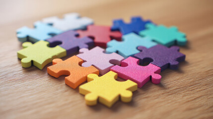 Fototapeta premium Colorful puzzle pieces arranged in a heart shape on a light-brown wooden surface. The pieces display a spectrum of vibrant colors, forming a unified whole