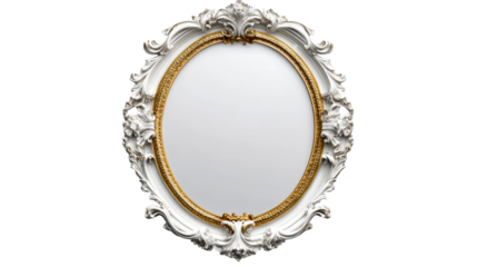 Ornate oval picture frame, white and gold finish, cut out transparent