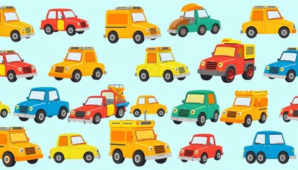 Seamless vector pattern of cartoon builder cars in various colors and styles, bulldozer, work