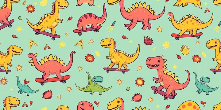Seamless vector pattern featuring playful dinosaur skate doodles in summery colors, prehistoric, wallpaper