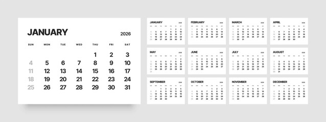 Monthly calendar layout for 2026 year. Diary planner for 2026 year. Week Starts on Sunday. Calendar Set for 2026 year.