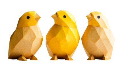Three Yellow Wooden Bird Figures with Geometric Design, cut out transparent
