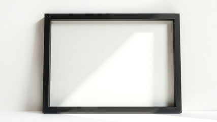 Empty horizontal black photo frame on white wall background standing on the table. A4 picture frame format. Poster mockup design. New clean modern frame for Indoor interior decor. High quality photo.