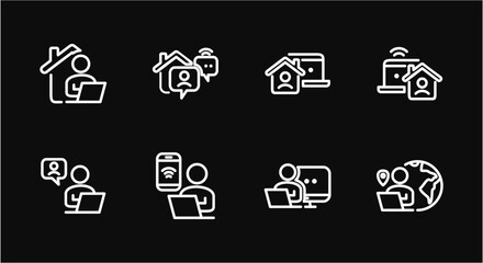 Remote Work Line Icons . Freelancer Work from Home, Video Call, Online Meeting, Teleconference Vector Set
