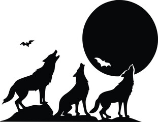 Silhouetted wolves howl at a big moon as bats fly in this vector