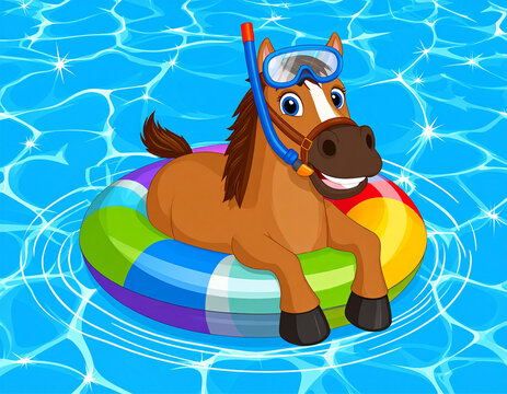 A horse wearing a snorkel and riding a colorful pool float in a sparkling swimming pool.