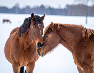 Two horses nuzzle each other affectionately in a snow-covered field on a quiet winter day, showing companionship.