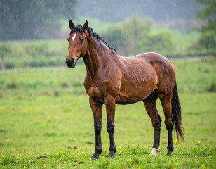 Obraz premium A horse stands patiently in a gentle rain shower in a green field, its coat glistening with water droplets.