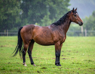 Fototapeta premium A horse stands patiently in a gentle rain shower in a green field, its coat glistening with water droplets.
