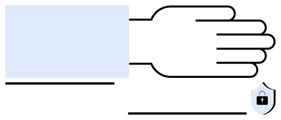 Outstretched hand with a protective gesture beside shield with padlock, symbolizing privacy, trust, secure access, safe communication, safety, protection. Ideal for confidentiality, cyber safety