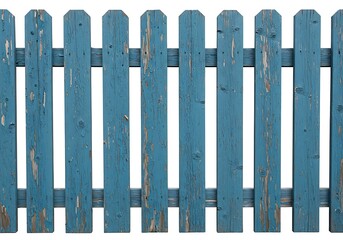 A weathered blue picket fence with chipped paint and a rustic charm against a white background view